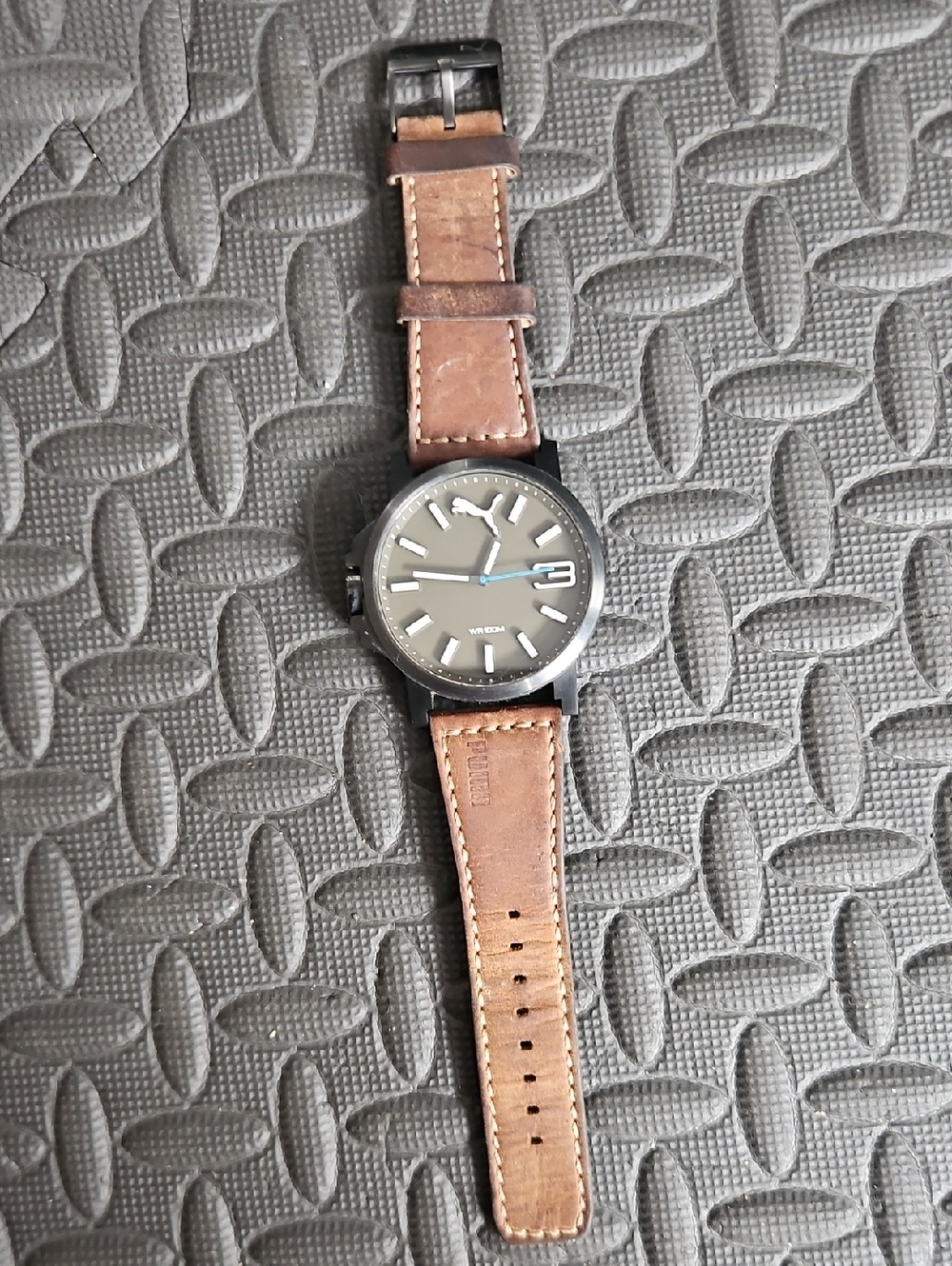 Puma Brown Leather Strap Watch with Gray Dial and Blue Second Hand